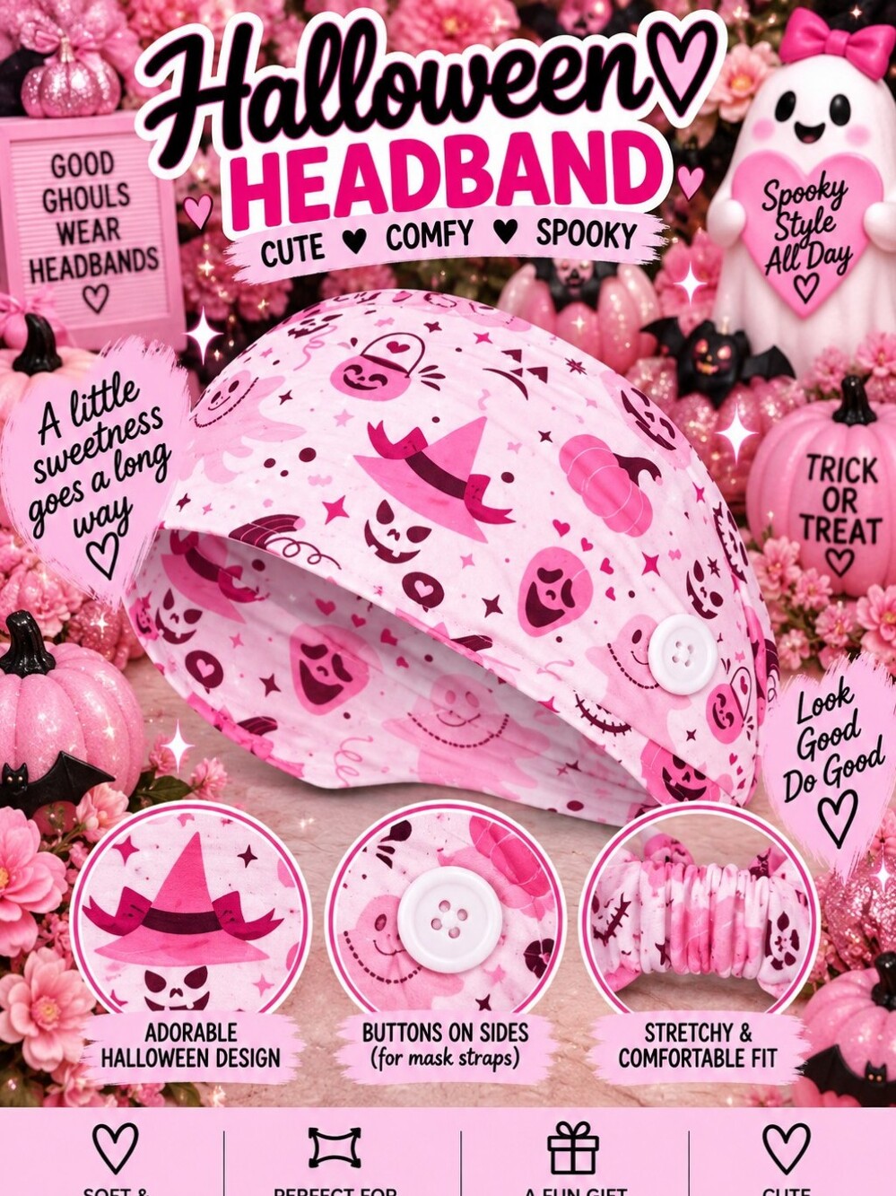 Pink Halloween Headband with Button Straps!!